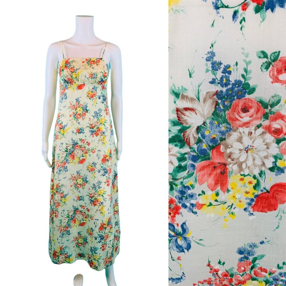 Vintage 70s Sundress Women's Small Red Floral Print Spaghetti Straps Dress Boho
